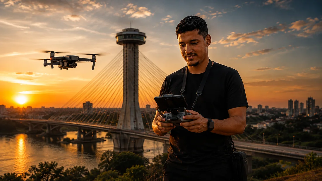 Ian Alves operando um drone ao pôr do sol, com a ponte estaiada ao fundo